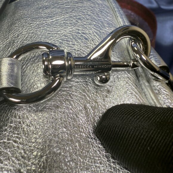 Rebecca Minkoff NWT Blythe Xbody – Silver Leather with Jewel-Tone Metallic Strap - Picture 5 of 16